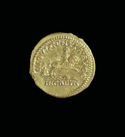 Aureus (reverse) of Caracalla depicting the goddess Caelestis riding right on a lion. Inscription:INDVULGENTIA AVGG IN CARTH (for obverse see 119135) by Roman